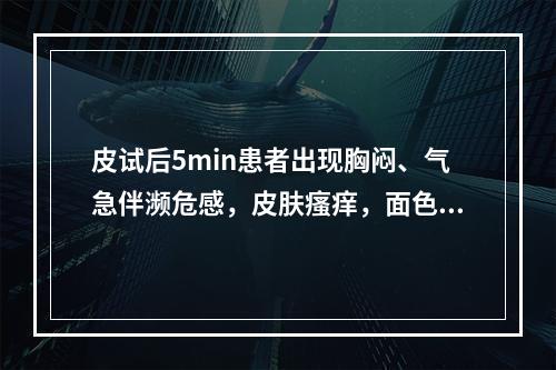 皮试后5min患者出现胸闷、气急伴濒危感，皮肤瘙痒，面色苍白