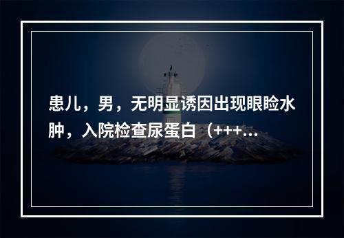 患儿，男，无明显诱因出现眼睑水肿，入院检查尿蛋白（+++），