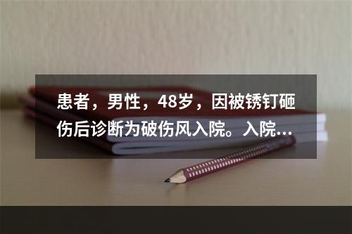 患者，男性，48岁，因被锈钉砸伤后诊断为破伤风入院。入院后神