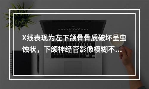 X线表现为左下颌骨骨质破坏呈虫蚀状，下颌神经管影像模糊不清，