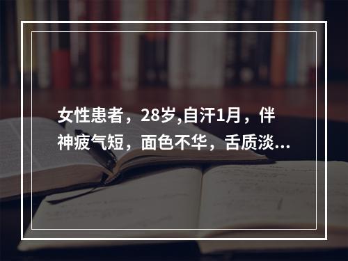 女性患者，28岁,自汗1月，伴神疲气短，面色不华，舌质淡，