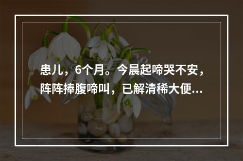 患儿，6个月。今晨起啼哭不安，阵阵捧腹啼叫，已解清稀大便3次