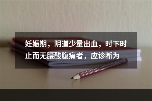 妊娠期，阴道少量出血，时下时止而无腰酸腹痛者，应诊断为