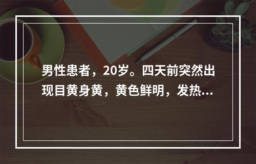 男性患者，20岁。四天前突然出现目黄身黄，黄色鲜明，发热口