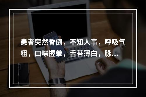 患者突然昏倒，不知人事，呼吸气粗，口噤握拳，舌苔薄白，脉伏。