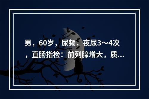 男，60岁，尿频，夜尿3～4次，直肠指检：前列腺增大，质地偏