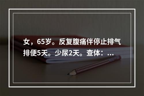 女，65岁。反复腹痛伴停止排气排便5天。少尿2天。查体：T3