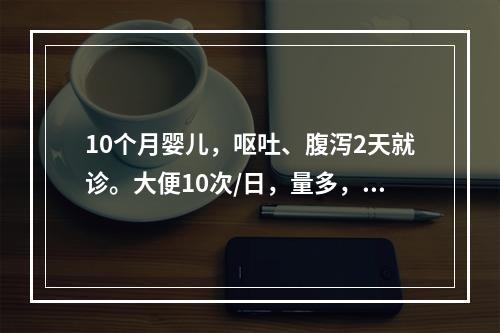 10个月婴儿，呕吐、腹泻2天就诊。大便10次/日，量多，为蛋