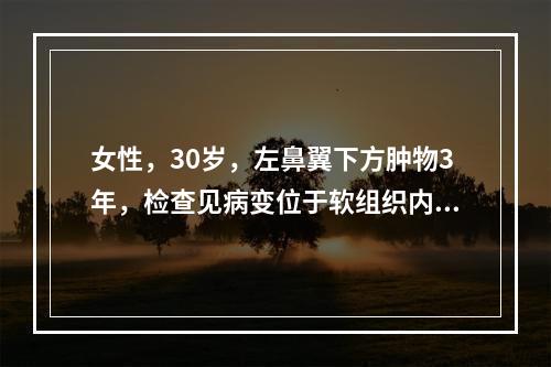 女性，30岁，左鼻翼下方肿物3年，检查见病变位于软组织内。切