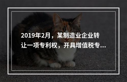 2019年2月，某制造业企业转让一项专利权，开具增值税专用发