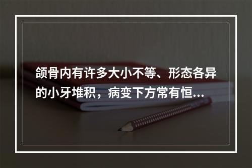 颌骨内有许多大小不等、形态各异的小牙堆积，病变下方常有恒牙阻