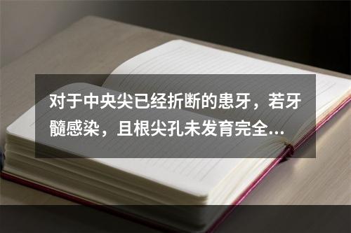 对于中央尖已经折断的患牙，若牙髓感染，且根尖孔未发育完全，则