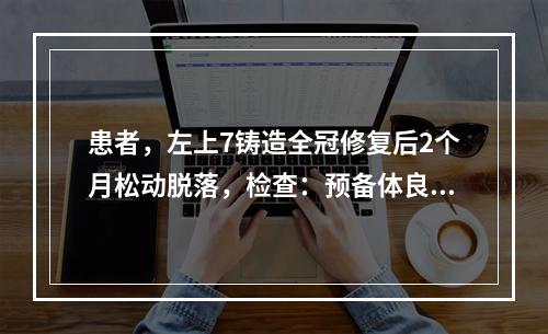 患者，左上7铸造全冠修复后2个月松动脱落，检查：预备体良好，