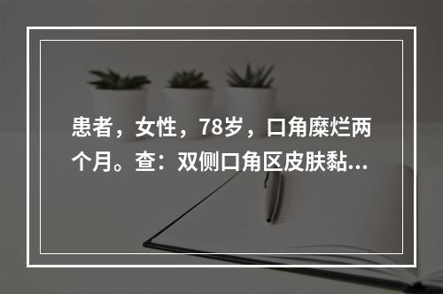 患者，女性，78岁，口角糜烂两个月。查：双侧口角区皮肤黏膜增