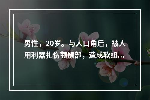 男性，20岁。与人口角后，被人用利器扎伤颧颞部，造成软组织出