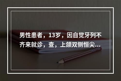 男性患者，13岁，因自觉牙列不齐来就诊，查，上颌双侧恒尖牙唇