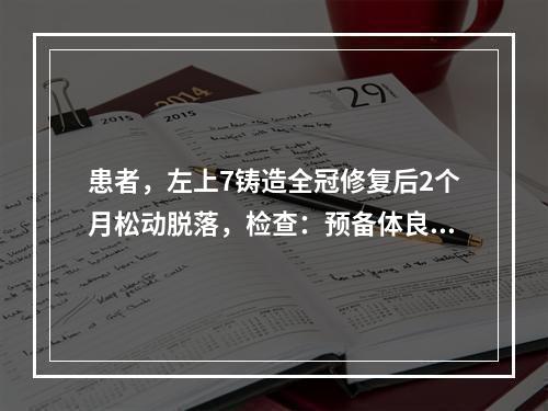 患者，左上7铸造全冠修复后2个月松动脱落，检查：预备体良好，