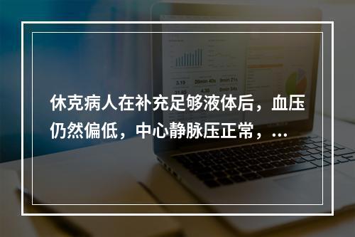 休克病人在补充足够液体后，血压仍然偏低，中心静脉压正常，可考