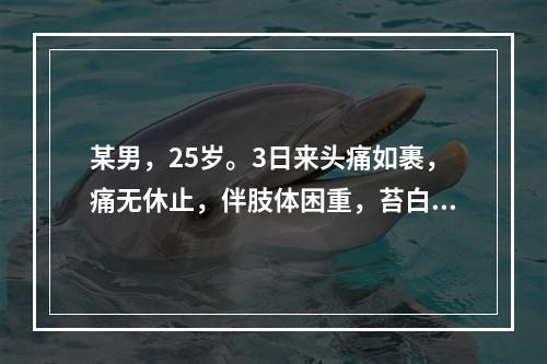 某男，25岁。3日来头痛如裹，痛无休止，伴肢体困重，苔白腻，