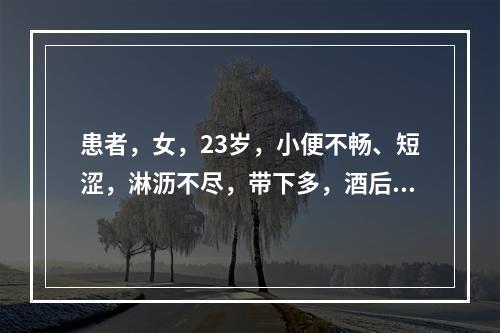 患者，女，23岁，小便不畅、短涩，淋沥不尽，带下多，酒后或疲