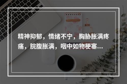 精神抑郁，情绪不宁，胸胁胀满疼痛，脘腹胀满，咽中如物梗塞，苔