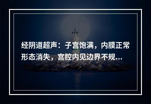 经阴道超声：子宫饱满，内膜正常形态消失，宫腔内见边界不规则的