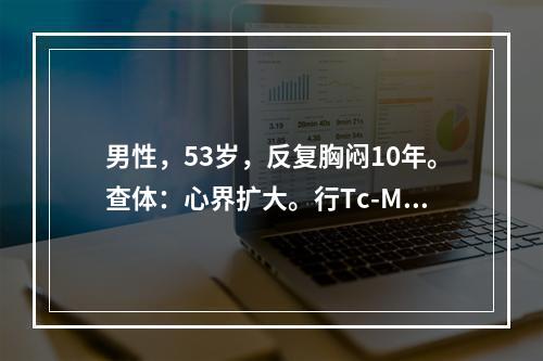 男性，53岁，反复胸闷10年。查体：心界扩大。行Tc-MIB