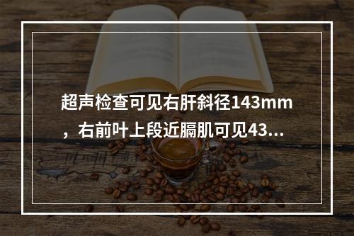 超声检查可见右肝斜径143mm，右前叶上段近膈肌可见43mm