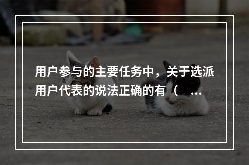 用户参与的主要任务中，关于选派用户代表的说法正确的有（　）。