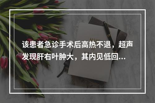 该患者急诊手术后高热不退，超声发现肝右叶肿大，其内见低回声，