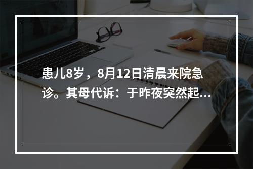 患儿8岁，8月12日清晨来院急诊。其母代诉：于昨夜突然起病，