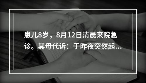 患儿8岁，8月12日清晨来院急诊。其母代诉：于昨夜突然起病，