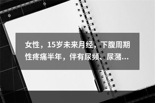 女性，15岁未来月经，下腹周期性疼痛半年，伴有尿频、尿潴留。