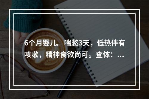 6个月婴儿。喘憋3天，低热伴有咳嗽，精神食欲尚可。查体：呼气