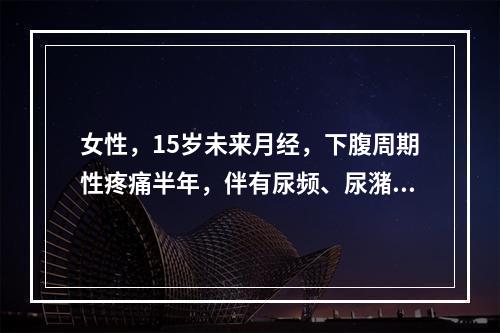 女性，15岁未来月经，下腹周期性疼痛半年，伴有尿频、尿潴留。