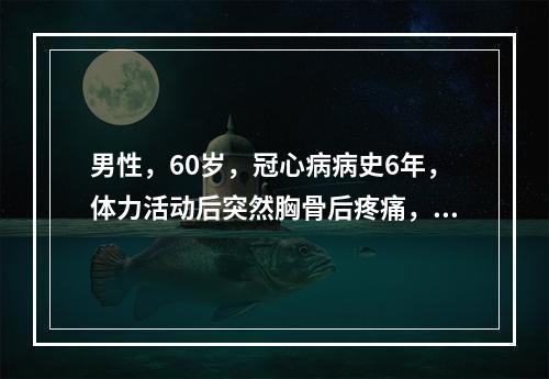 男性，60岁，冠心病病史6年，体力活动后突然胸骨后疼痛，有压