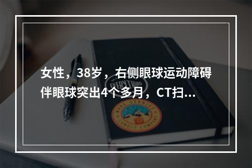 女性，38岁，右侧眼球运动障碍伴眼球突出4个多月，CT扫描如