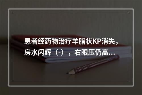 患者经药物治疗羊脂状KP消失，房水闪辉（-），右眼压仍高，T