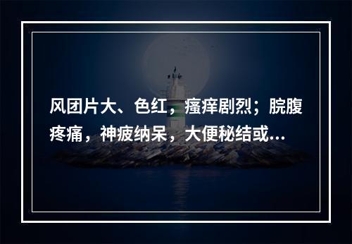 风团片大、色红，瘙痒剧烈；脘腹疼痛，神疲纳呆，大便秘结或泄泻