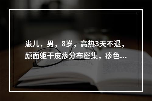 患儿，男，8岁，高热3天不退，颜面躯干皮疹分布密集，疹色紫暗