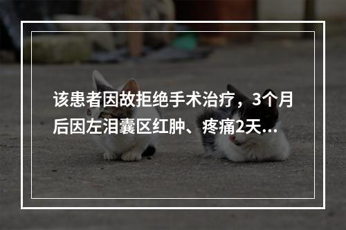 该患者因故拒绝手术治疗，3个月后因左泪囊区红肿、疼痛2天而就