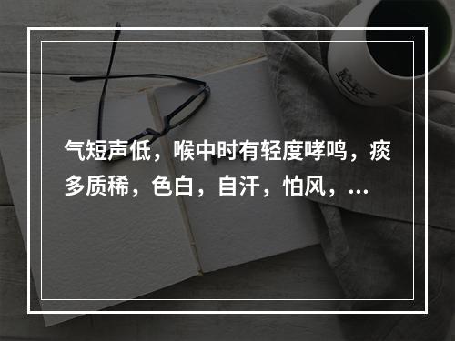 气短声低，喉中时有轻度哮鸣，痰多质稀，色白，自汗，怕风，常易