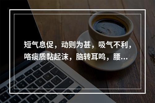 短气息促，动则为甚，吸气不利，咯痰质黏起沫，脑转耳鸣，腰酸腿