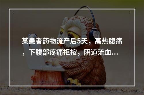 某患者药物流产后5天，高热腹痛，下腹部疼痛拒按，阴道流血气味