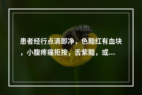 患者经行点滴即净，色黯红有血块，小腹疼痛拒按，舌紫黯，或有瘀