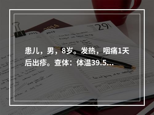 患儿，男，8岁。发热，咽痛1天后出疹。查体：体温39.5℃，