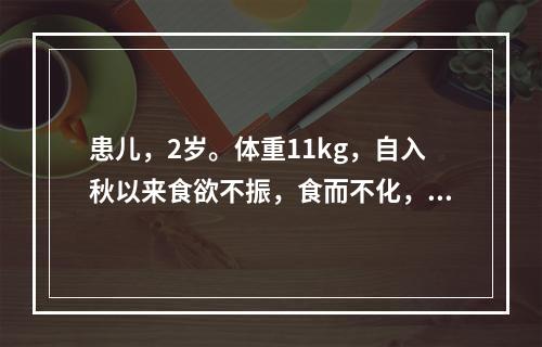 患儿，2岁。体重11kg，自入秋以来食欲不振，食而不化，面色