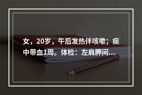 女，20岁，午后发热伴咳嗽；痰中带血1周。体检：左肩胛间区有