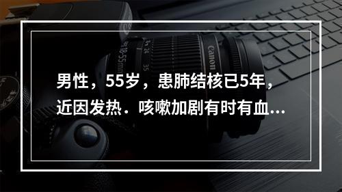 男性，55岁，患肺结核已5年，近因发热．咳嗽加剧有时有血染痰