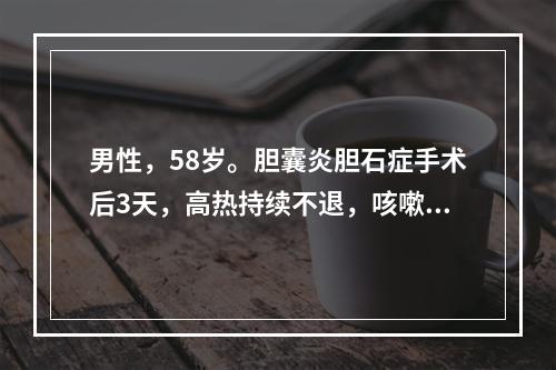 男性，58岁。胆囊炎胆石症手术后3天，高热持续不退，咳嗽黄脓